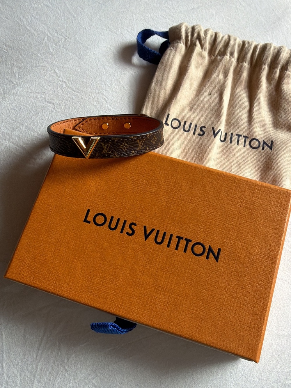 Louis Vuitton Monogram Brown Leather Bracelet with Gold V Accent